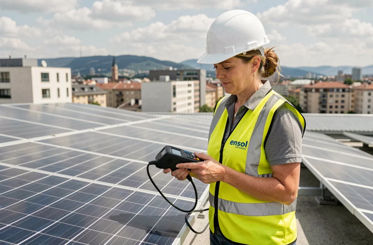 Technicienne Ensol inspectant des panneaux solaires sur un toit commercial plat à Lyon avec vue sur les collines environnantes