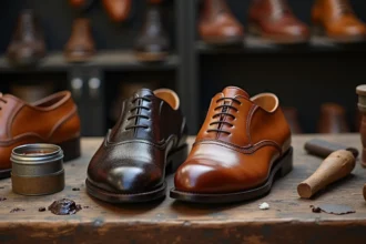 Comparaison d'une chaussure en cuir sur-graissée et abîmée posée à côté d'une chaussure sèche et craquelée sur un établi de cordonnier
