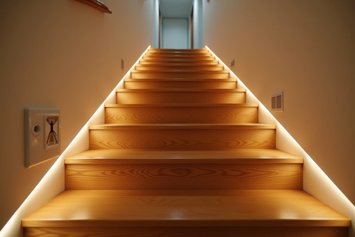 Escalier en bois avec éclairage LED intégré sous chaque marche activé par détecteur de mouvement dans un couloir moderne