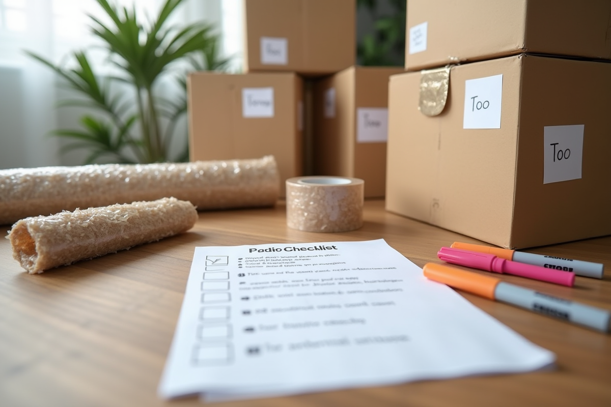 Espace de travail organisé avec cartons étiquetés et checklist
