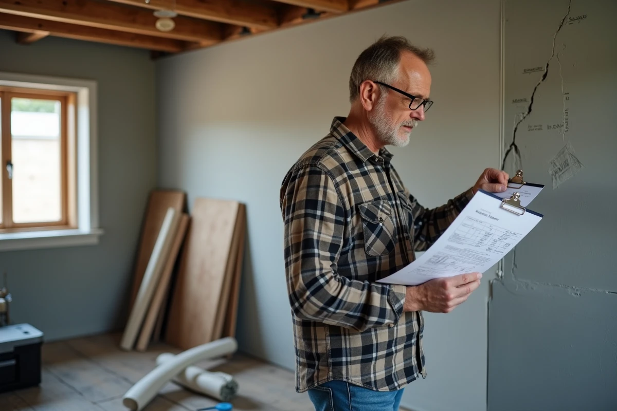 Homme consultant ses devis travaux dans un salon en cours de rénovation avec des matériaux de construction autour de lui