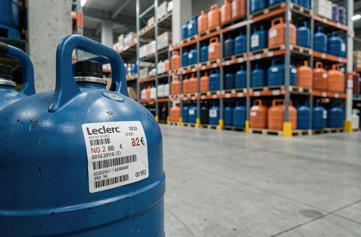 Étiquette de prix sur une bouteille de gaz Leclerc dans un rayon de grande surface