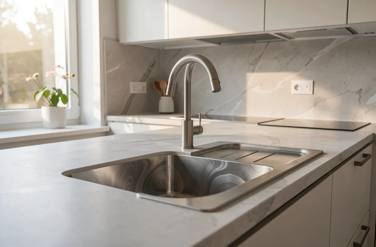 Évier en inox vibré dans une cuisine moderne