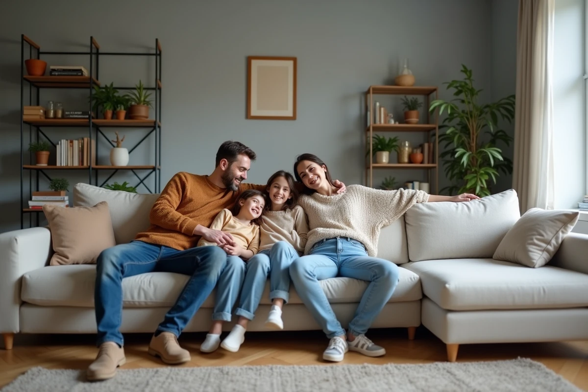 Famille détendue sur canapé dans un salon chaleureux