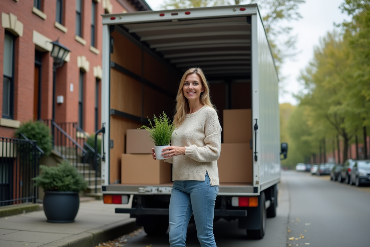Femme posant une plante dans un camion de déménagement en ville