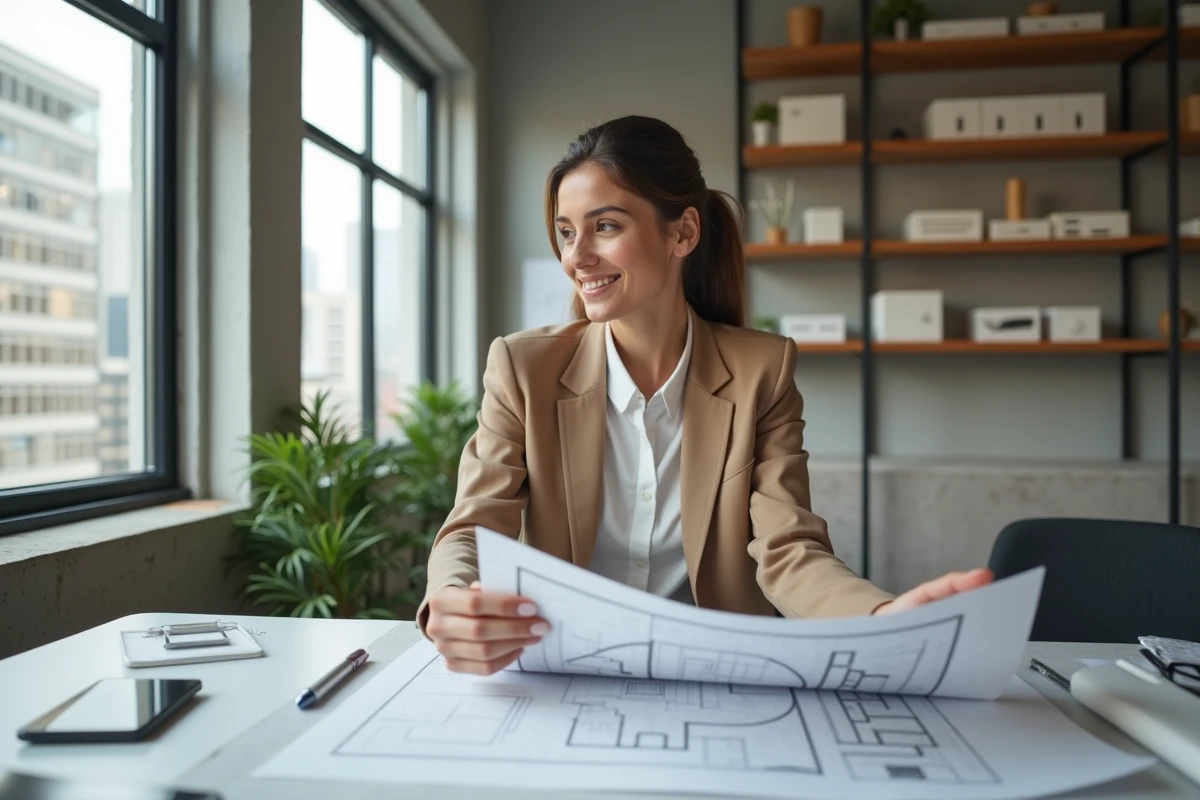 Femme architecte en réunion de chantier avec plans de rénovation
