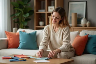 Femme souriante arrangeant des échantillons de couleurs dans un salon
