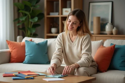 Femme souriante arrangeant des échantillons de couleurs dans un salon