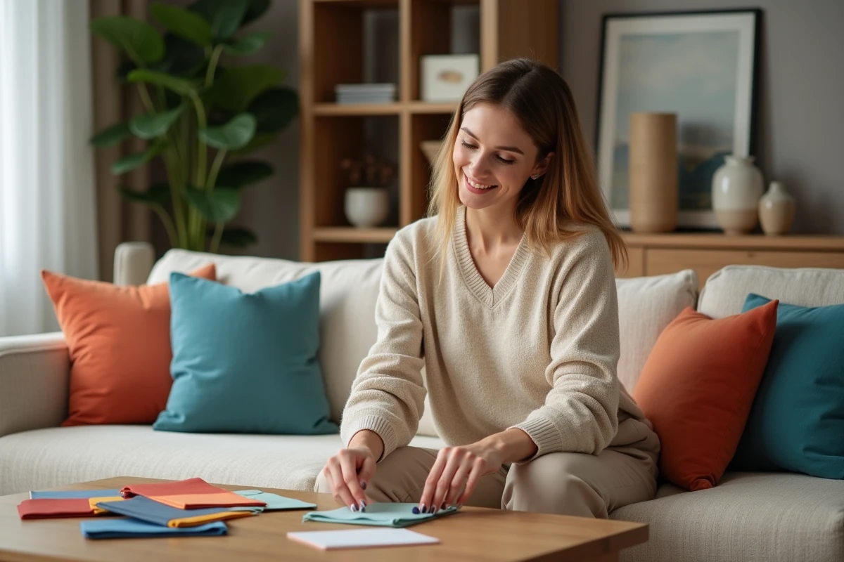 Femme souriante arrangeant des échantillons de couleurs dans un salon