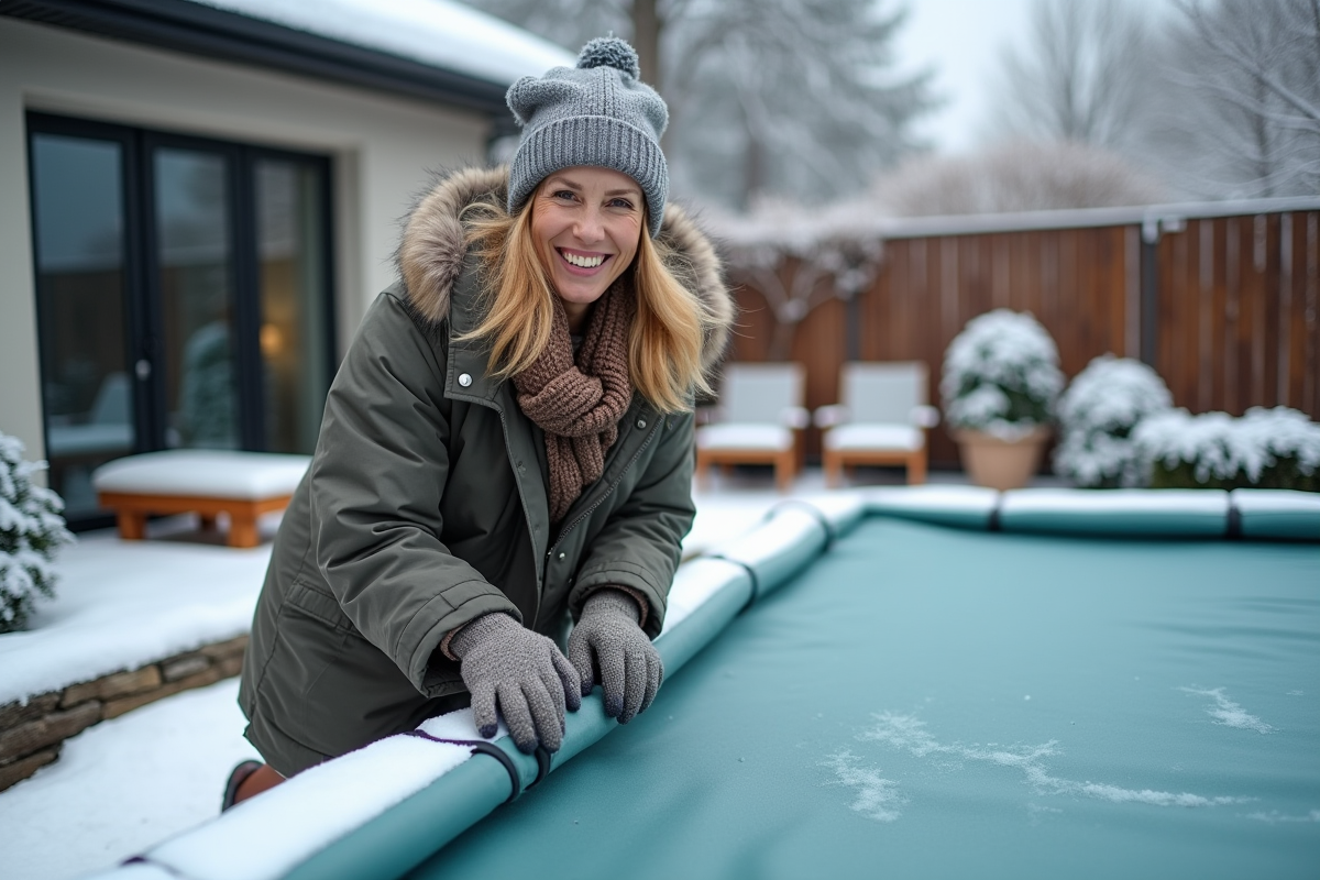 Femme en parka fixant la couverture de la piscine