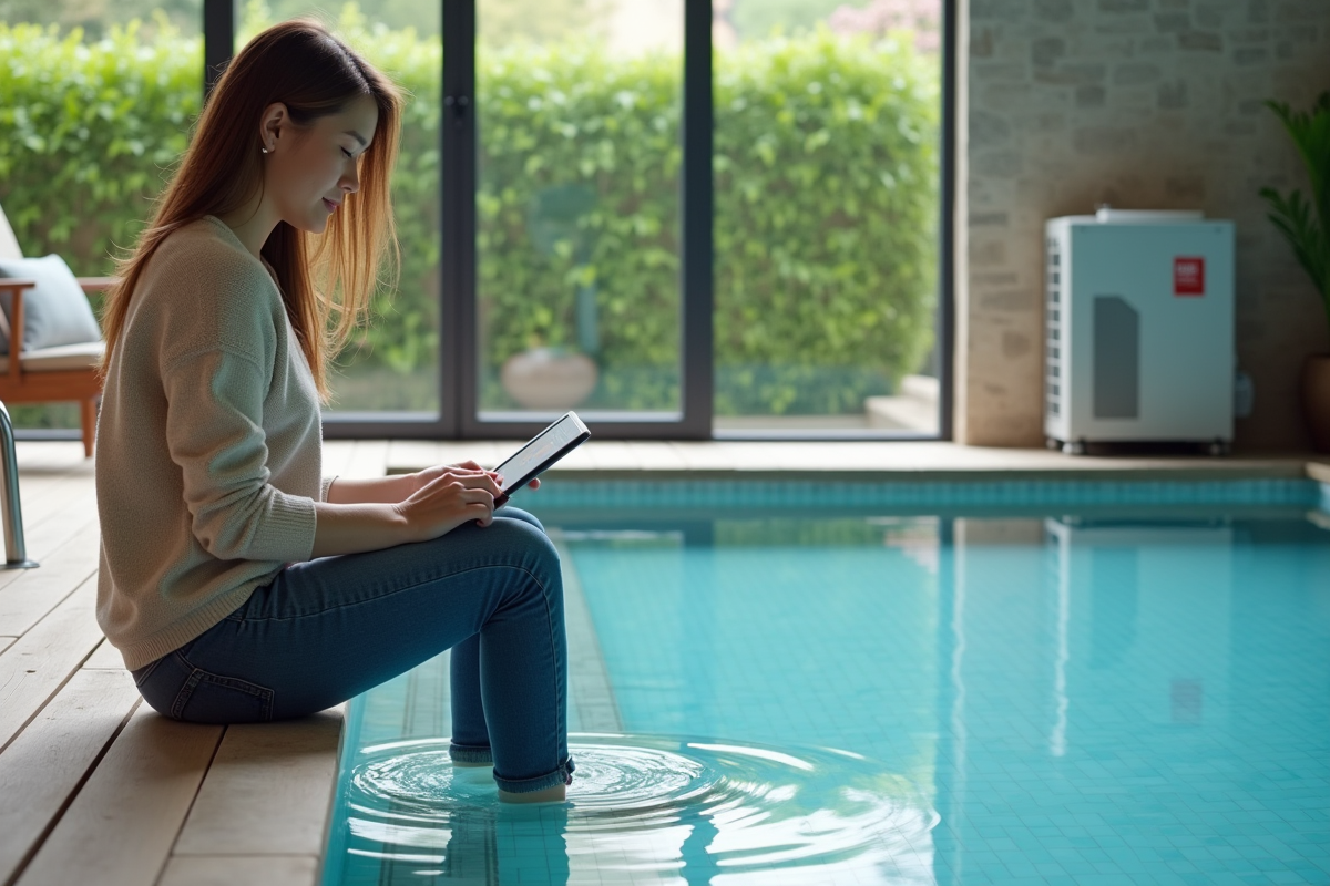 Jeune femme contrôlant la température de la piscine avec une tablette