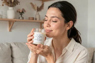 Femme tenant une bougie parfumée bio en verre et inspirant son parfum naturel dans un salon minimaliste