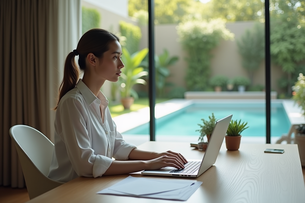 Jeune femme au bureau avec vue sur la piscine extérieure