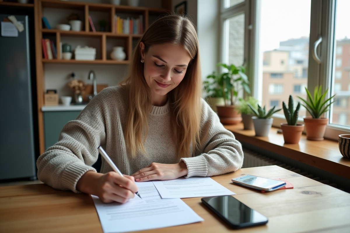 Femme remplissant formulaire de changement d'adresse dans un appartement cosy