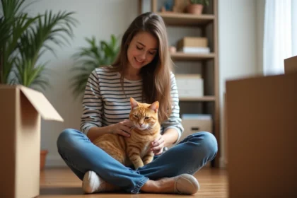 Jeune femme caressant un chat orange dans un appartement