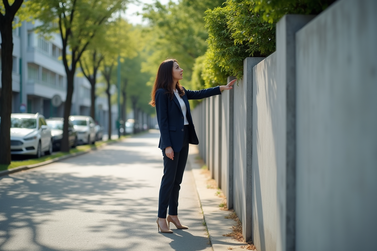 Jeune femme pointant une clôture en ville lors d