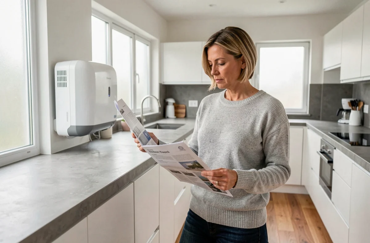 Femme comparant des brochures de pompes à chaleur dans une cuisine moderne avec unité murale installée