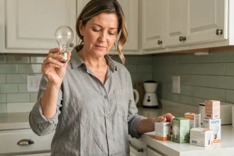 Femme comparant la taille d'une ampoule à son emballage dans une cuisine moderne