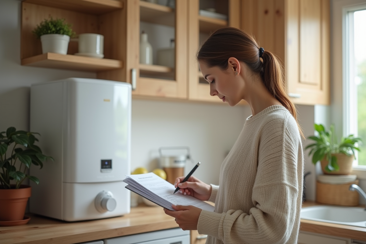 Jeune femme vérifiant une checklist près d’un chauffe-eau dans la cuisine