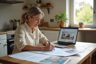 Femme consultant des documents d'aides et subventions pour travaux de rénovation à son domicile