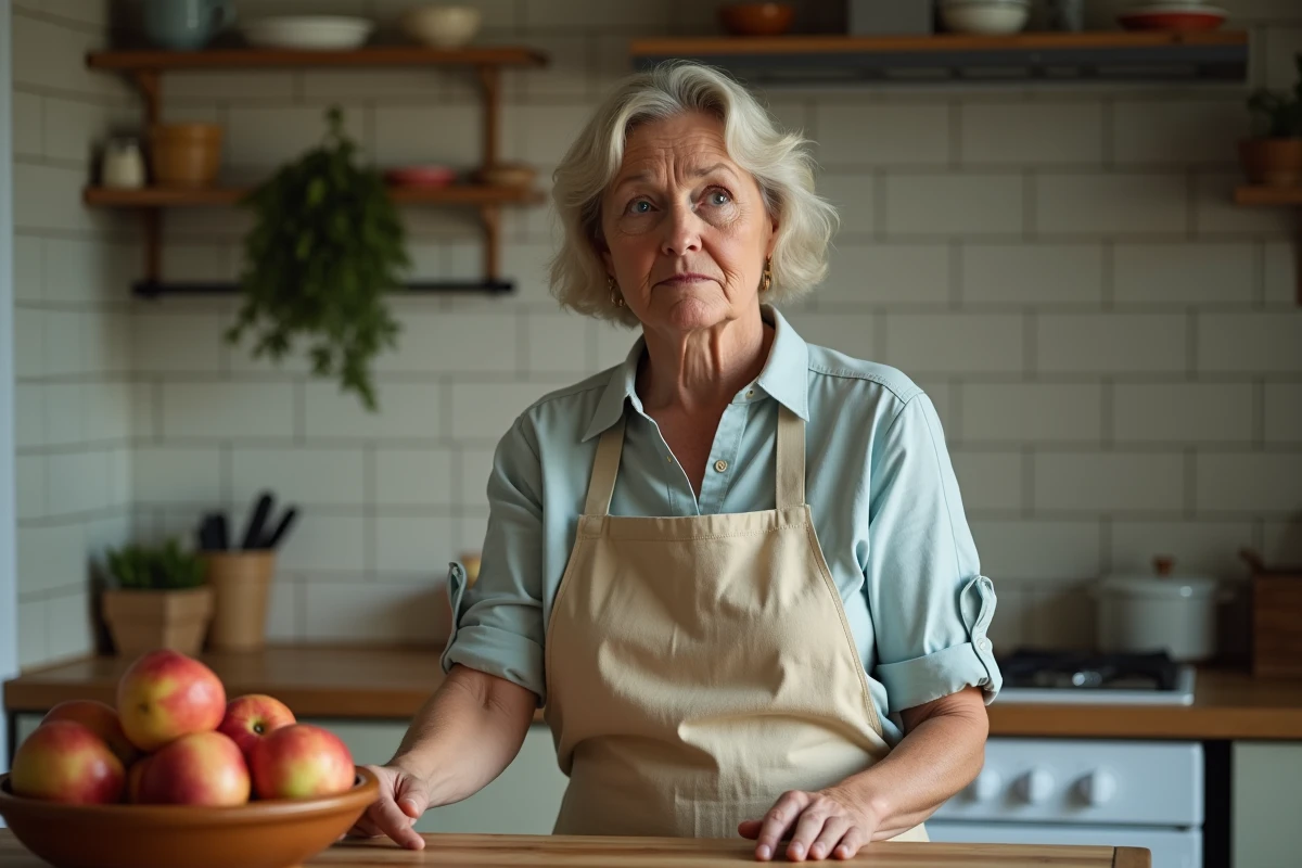 Femme regardant des mouches autour d'un bol de fruits dans une cuisine domestique, symbolisant une infestation de mouches à l'intérieur d'une maison