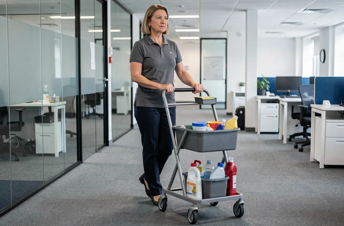 Femme de ménage poussant un chariot de nettoyage dans un couloir de bureau professionnel