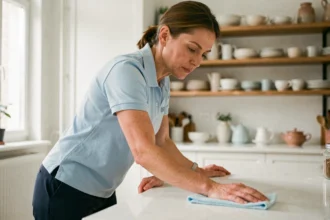 Femme de ménage professionnelle nettoyant un plan de travail dans une cuisine moderne à Toulon