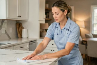 Femme de ménage en uniforme professionnel essuyant un plan de travail dans une cuisine moderne