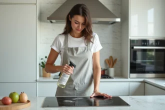 Femme utilisant un produit H2O en spray pour dégraisser une cuisinière en inox dans une cuisine moderne