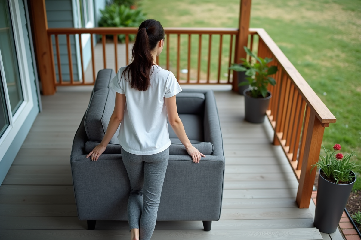 Femme faisant glisser un canapé sur les escaliers du porche extérieur