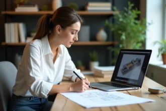Femme dessinant des plans architecturaux dans un espace créatif