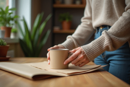 Femme emballant une tasse en céramique avec papier recyclé dans une cuisine chaleureuse