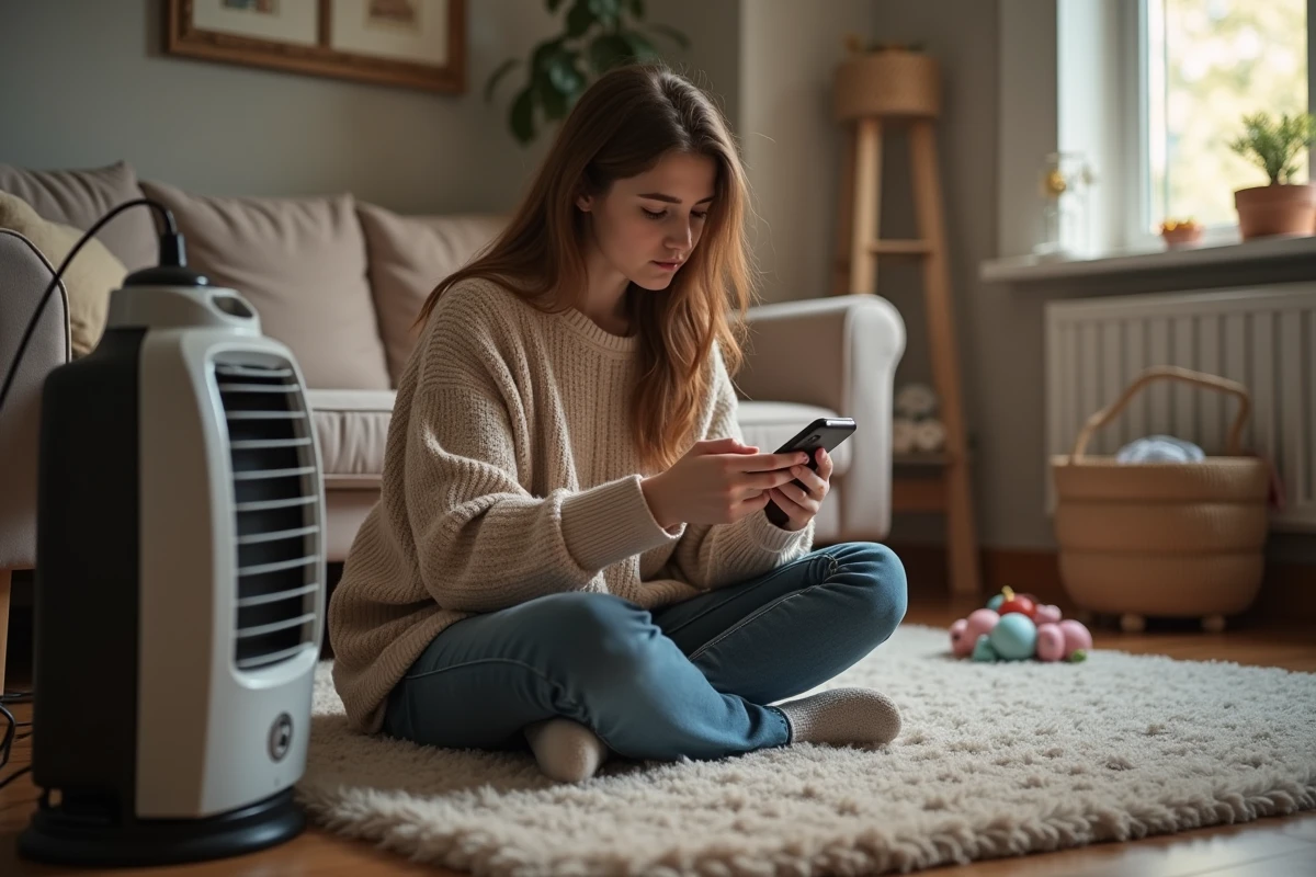 Jeune femme assise sur le tapis avec un chauffage d
