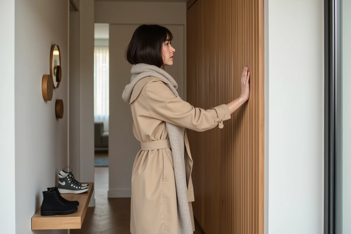 Jeune femme dans un trench à l'entrée moderne en bois
