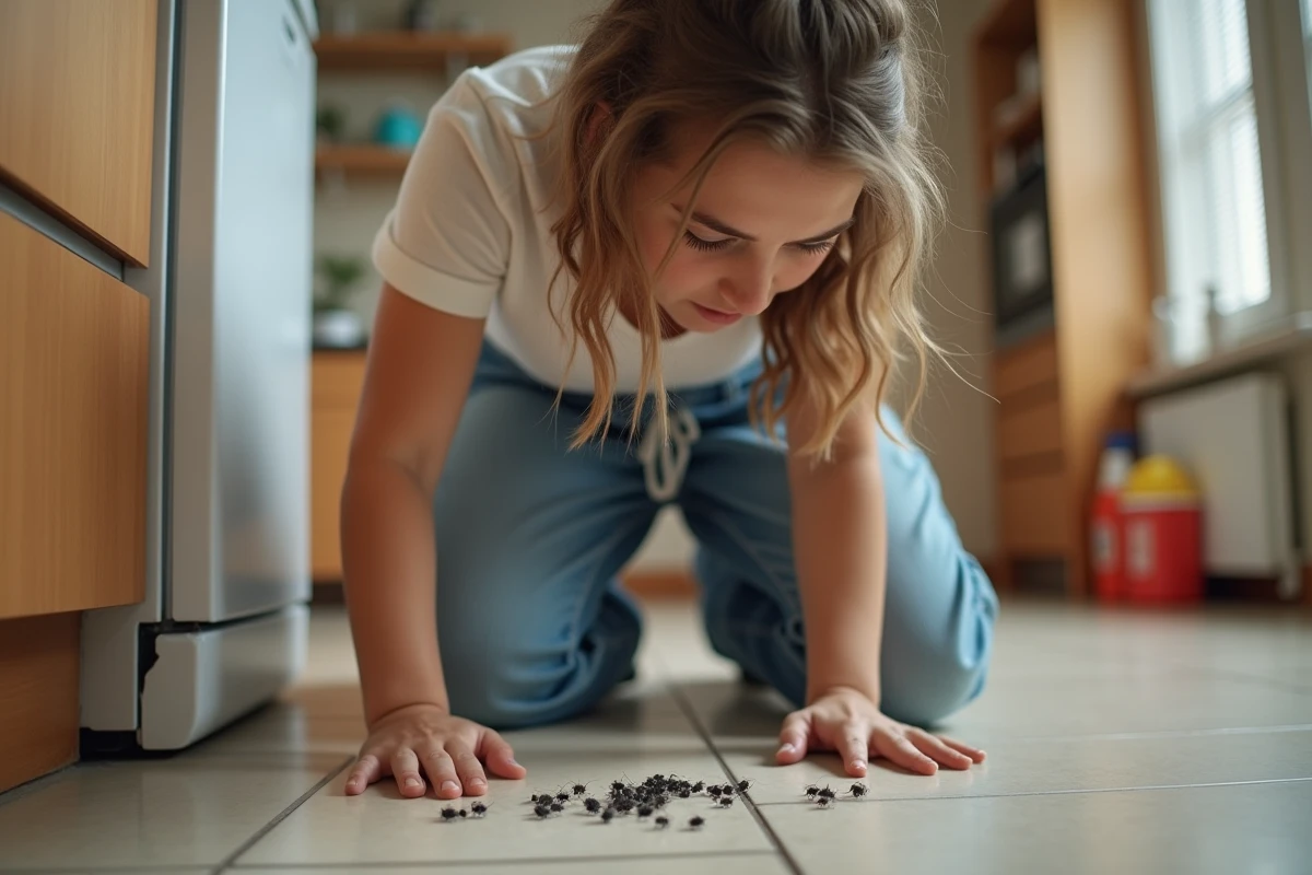 Jeune femme regardant des insectes noirs dans la cuisine