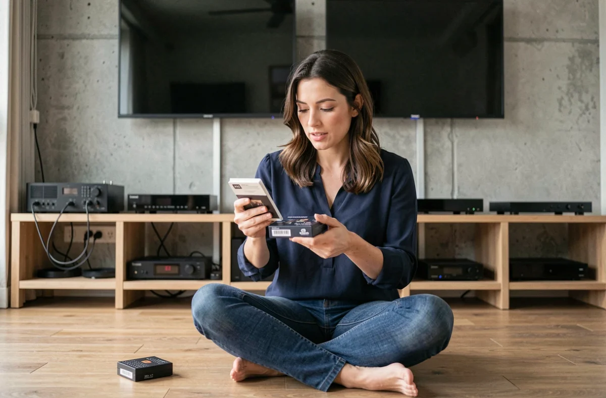 Femme tenant un splitter HDMI devant un meuble TV avec deux écrans et un décodeur pour partager le signal sans perte de qualité