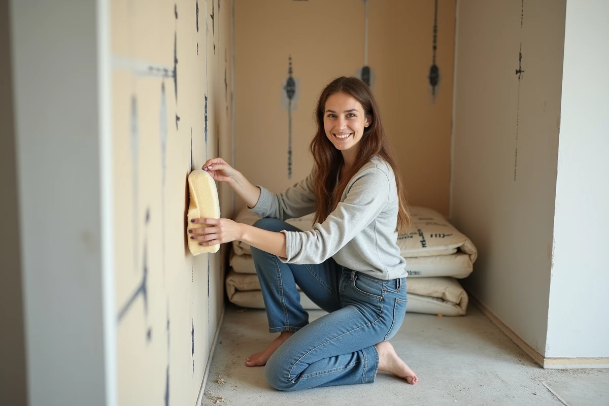 Jeune femme posant de la laine isolante sur cloison en platre