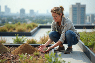 Femme d'âge moyen examinant un échantillon de substrat sur un toit urbain