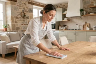 Femme de ménage professionnelle essuyant une table en bois dans un appartement moderne à Tours