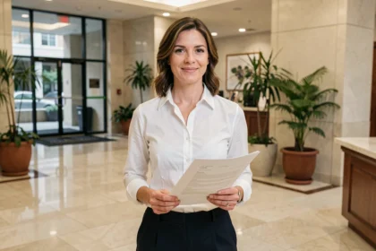 Femme de ménage professionnelle tenant un CV dans le hall d'un immeuble résidentiel moderne