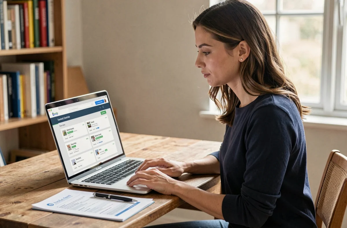 Femme recherchant des offres d'emploi de ménage en ligne sur un ordinateur portable à domicile