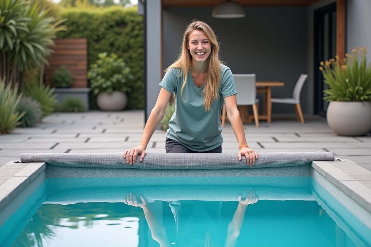 Jeune femme souriante posant avec couverture thermique de piscine