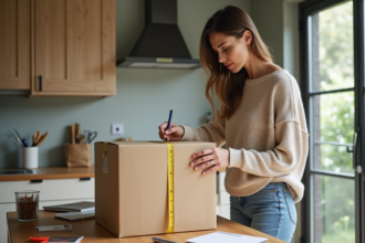 Femme mesurant un gros colis dans la cuisine