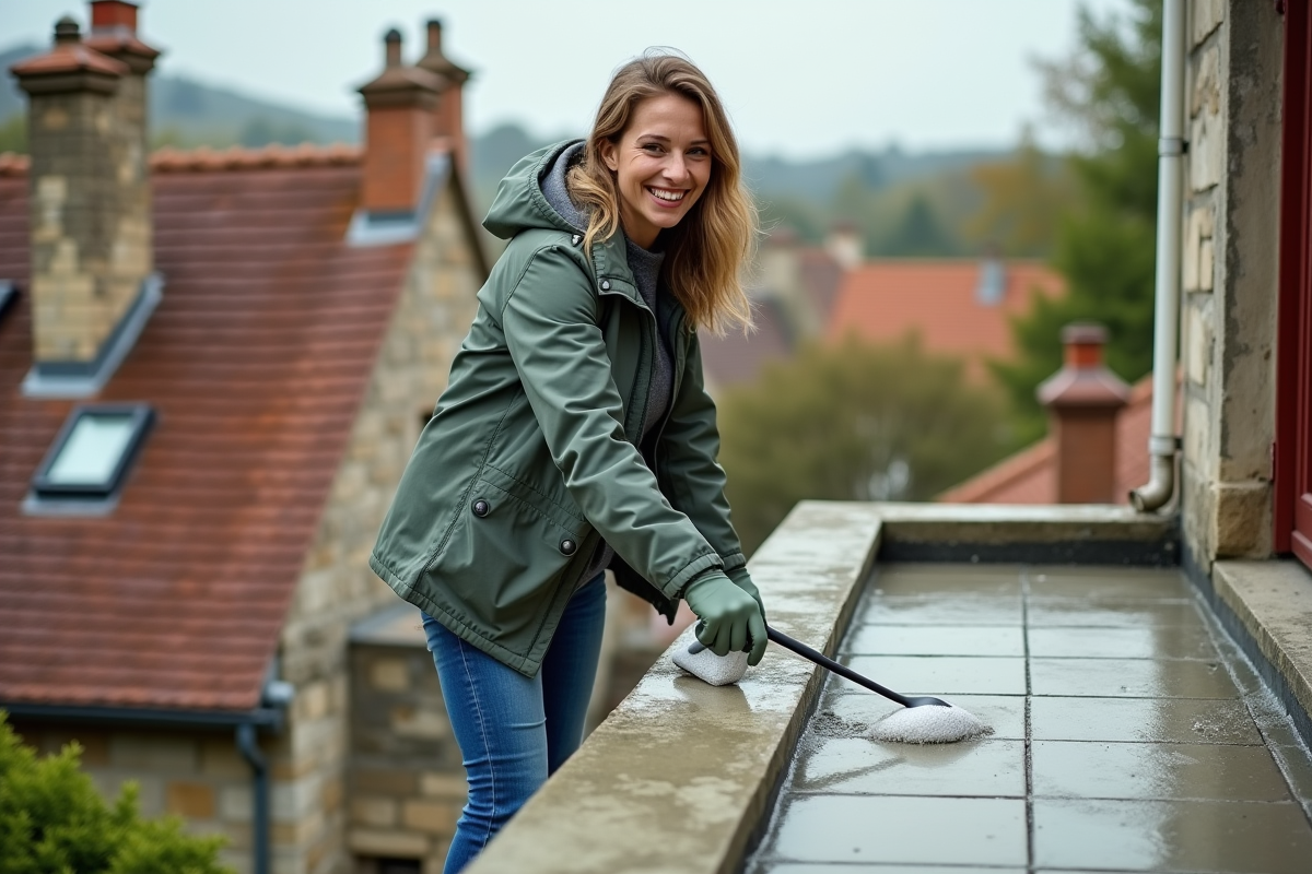 Femme souriante appliquant une solution écologique sur des tuiles de toit