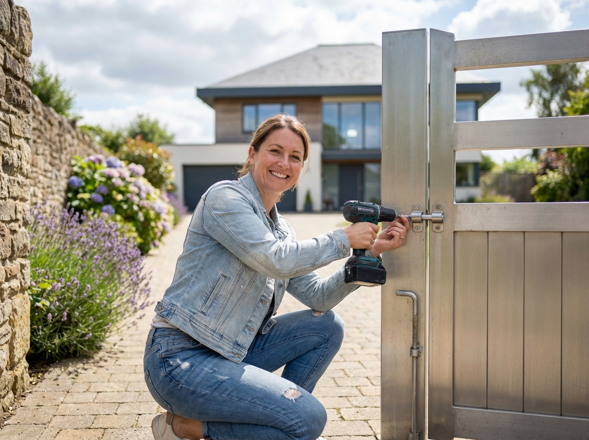 Femme souriante pose une serrure sur un portail en aluminium