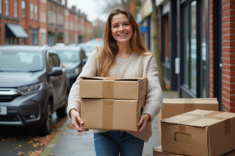 Femme souriante ramassant des cartons recyclés près d'un supermarché