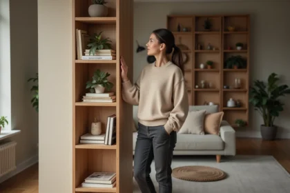 Femme en sweater beige près d'une étagère dans un salon moderne