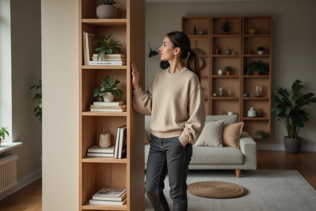 Femme en sweater beige près d'une étagère dans un salon moderne