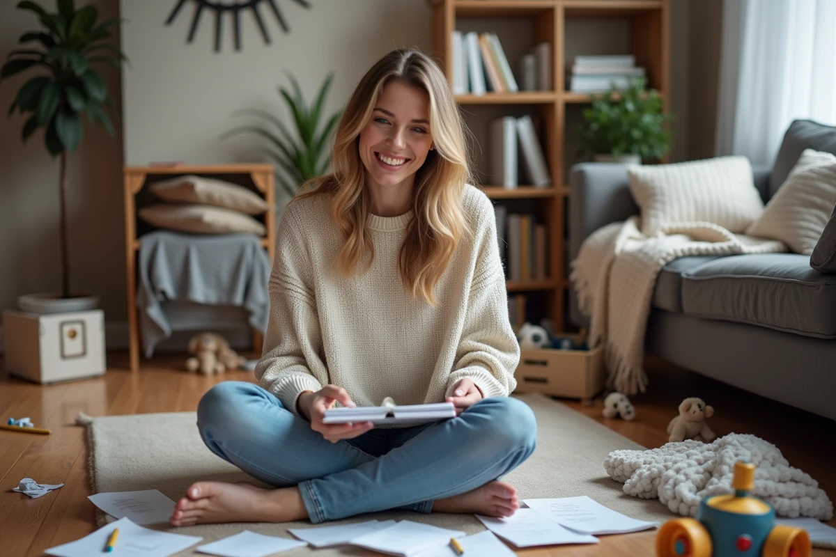 Femme assise sur le sol avec jouets et linge dans un salon