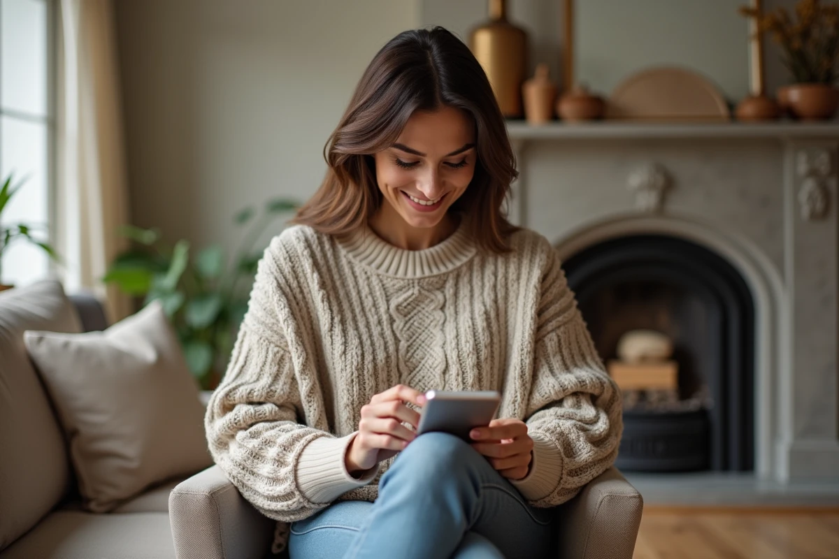 Femme souriante en pull ajustant un appareil dans un salon chaleureux